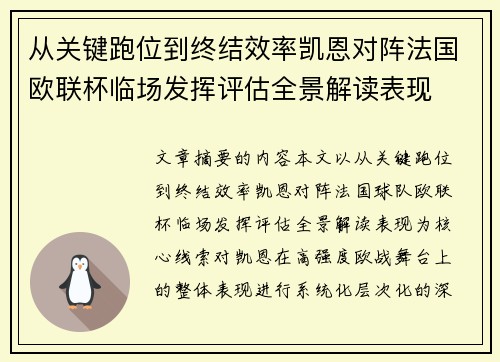 从关键跑位到终结效率凯恩对阵法国欧联杯临场发挥评估全景解读表现