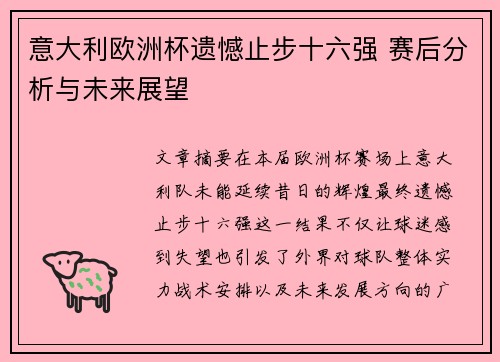 意大利欧洲杯遗憾止步十六强 赛后分析与未来展望 意大利欧洲杯遗憾止步十六强 赛后分析与未来展望